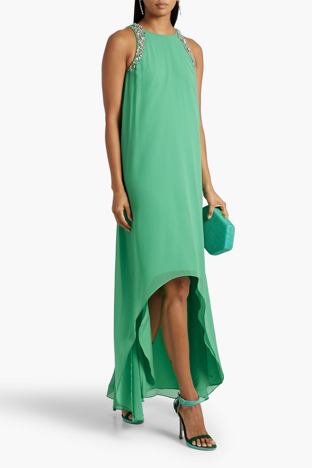 BADGLEY MISCHKA Asymmetric crystal-embellished chiffon maxi dress