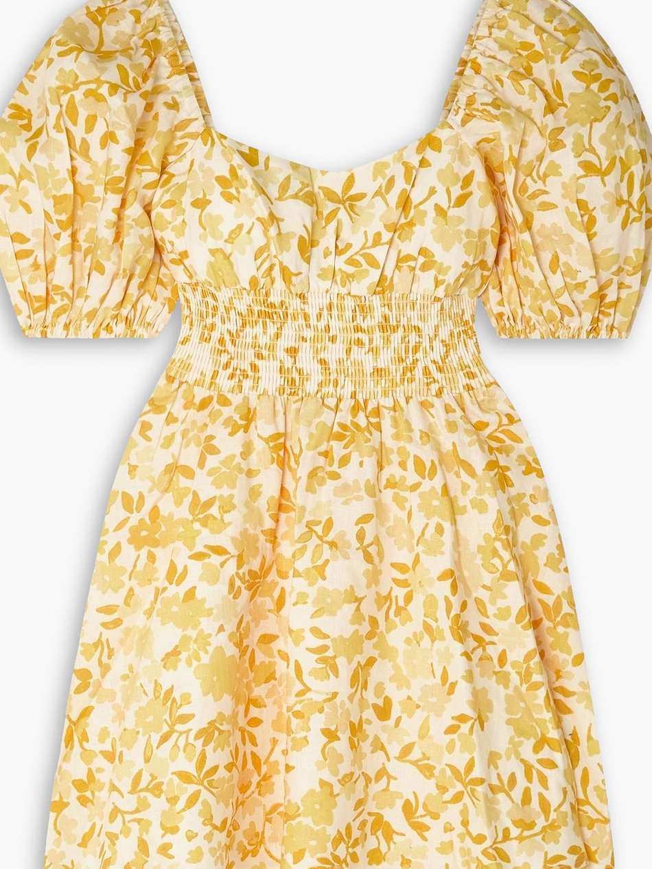 smocked floral-print linen mini dress