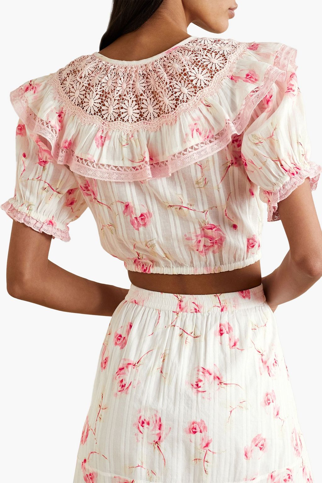 LOVESHACKFANCY Elania cropped guipure lace-trimmed floral-print cotton-voile top
