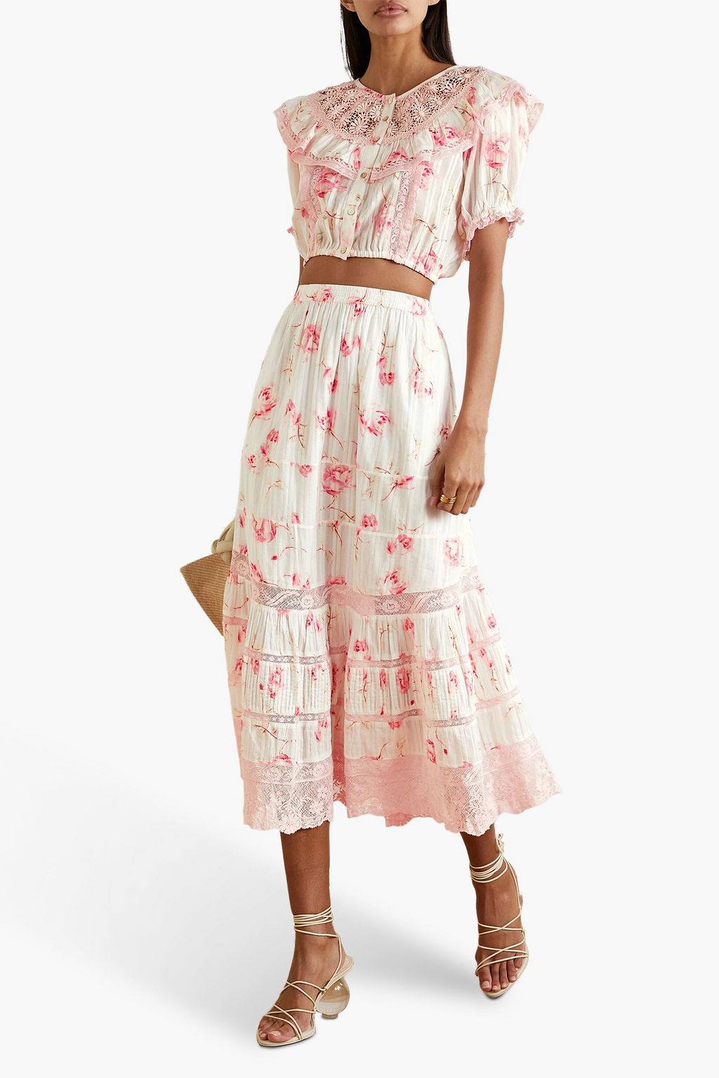 LOVESHACKFANCY Elania cropped guipure lace-trimmed floral-print cotton-voile top