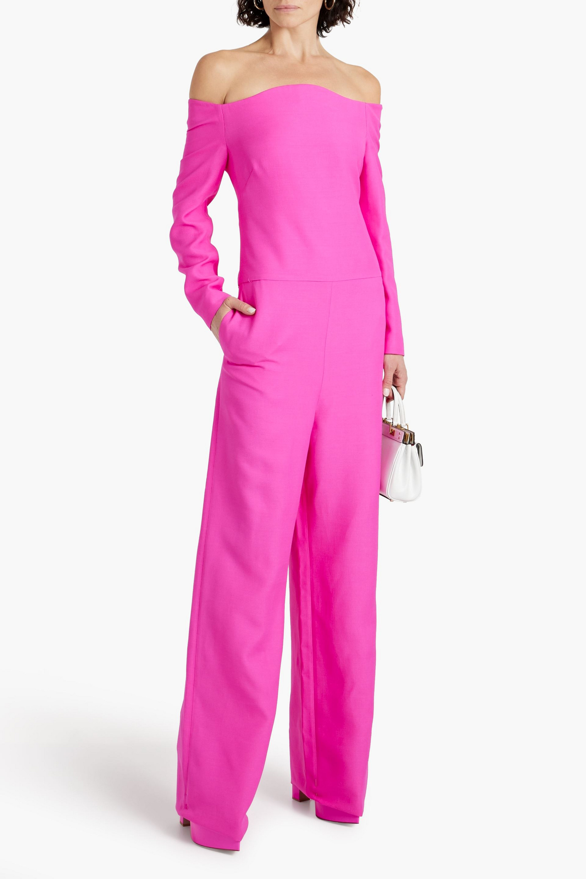 Valentino Garavani Off-the-shoulder wool and silk-blend crepe wide-leg jumpsuit