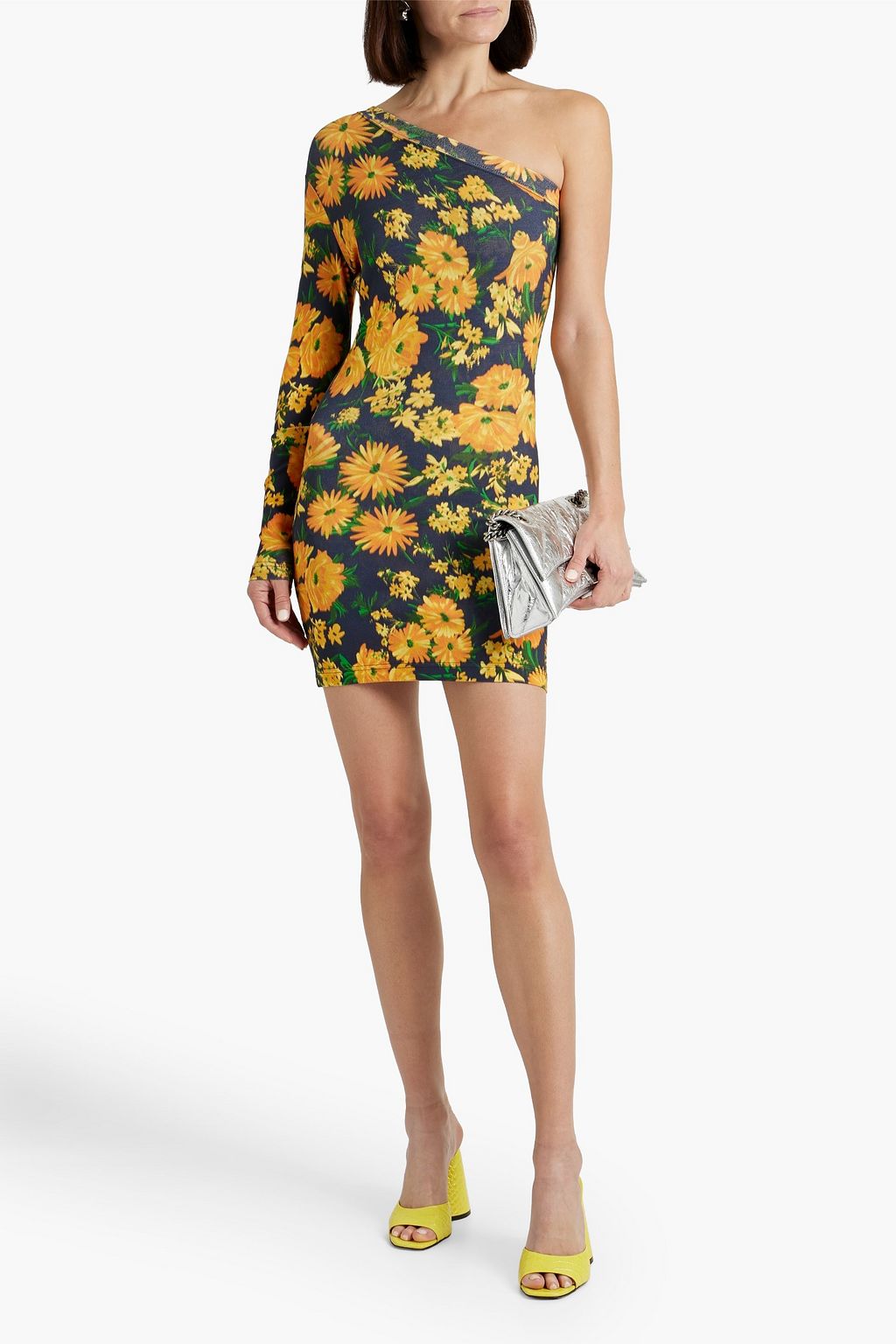 BALENCIAGA One-sleeve floral-print stretch-cotton jersey mini dress