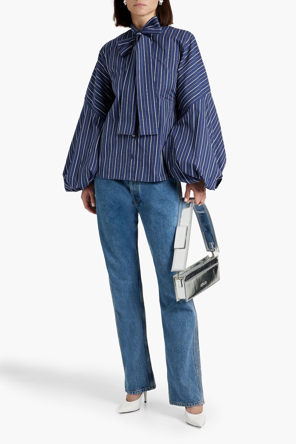 PALMER//HARDING Renew pussy-bow striped cotton-poplin shirt