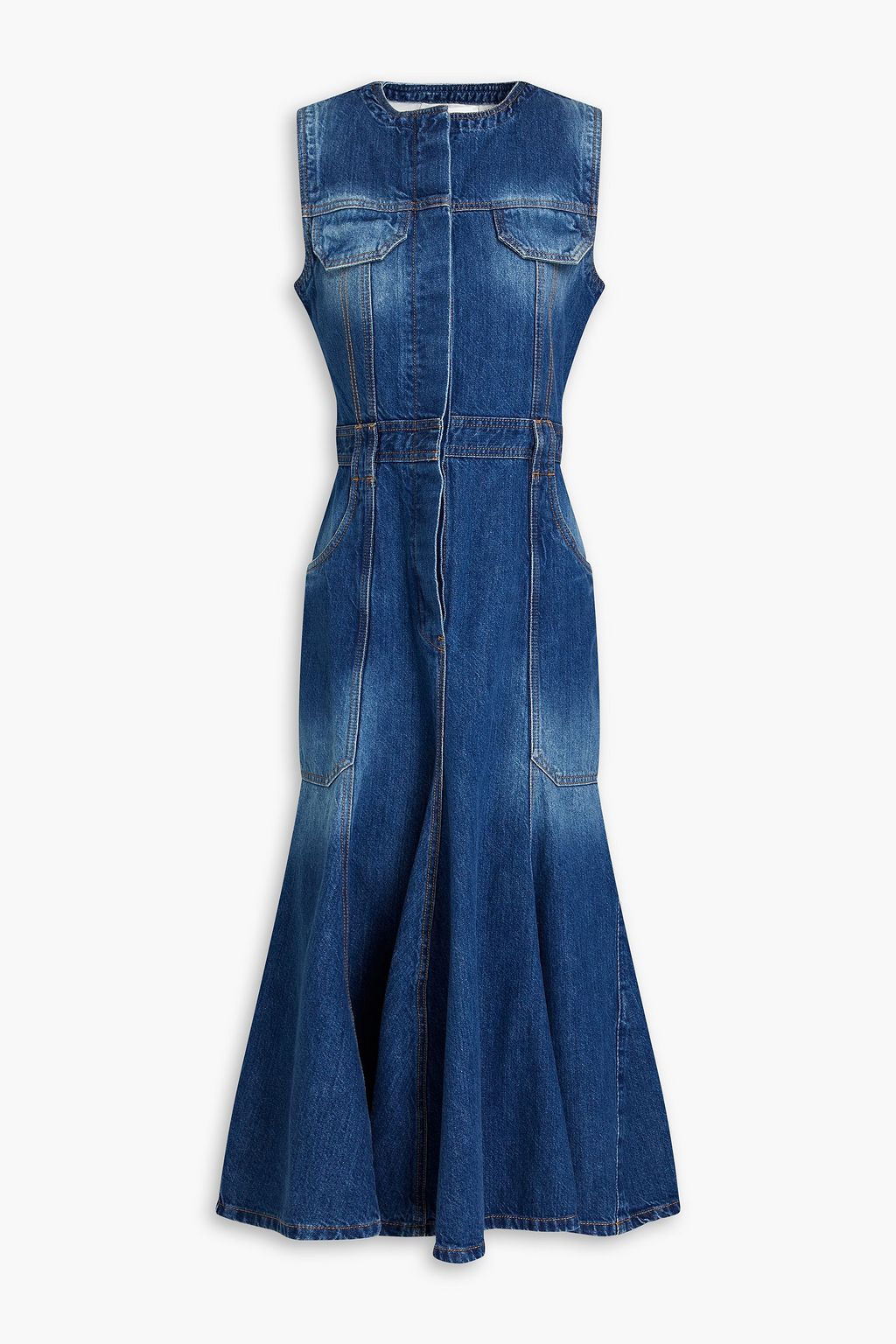 VICTORIA BECKHAM Leather-trimmed faded denim midi dress | THE OUTNET