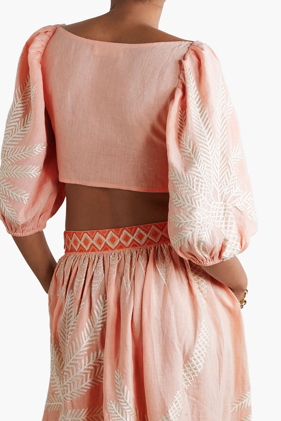 Shop Emporio Sirenuse Thaia Cropped Bow-detailed Embroidered Linen Top In Pastel Orange