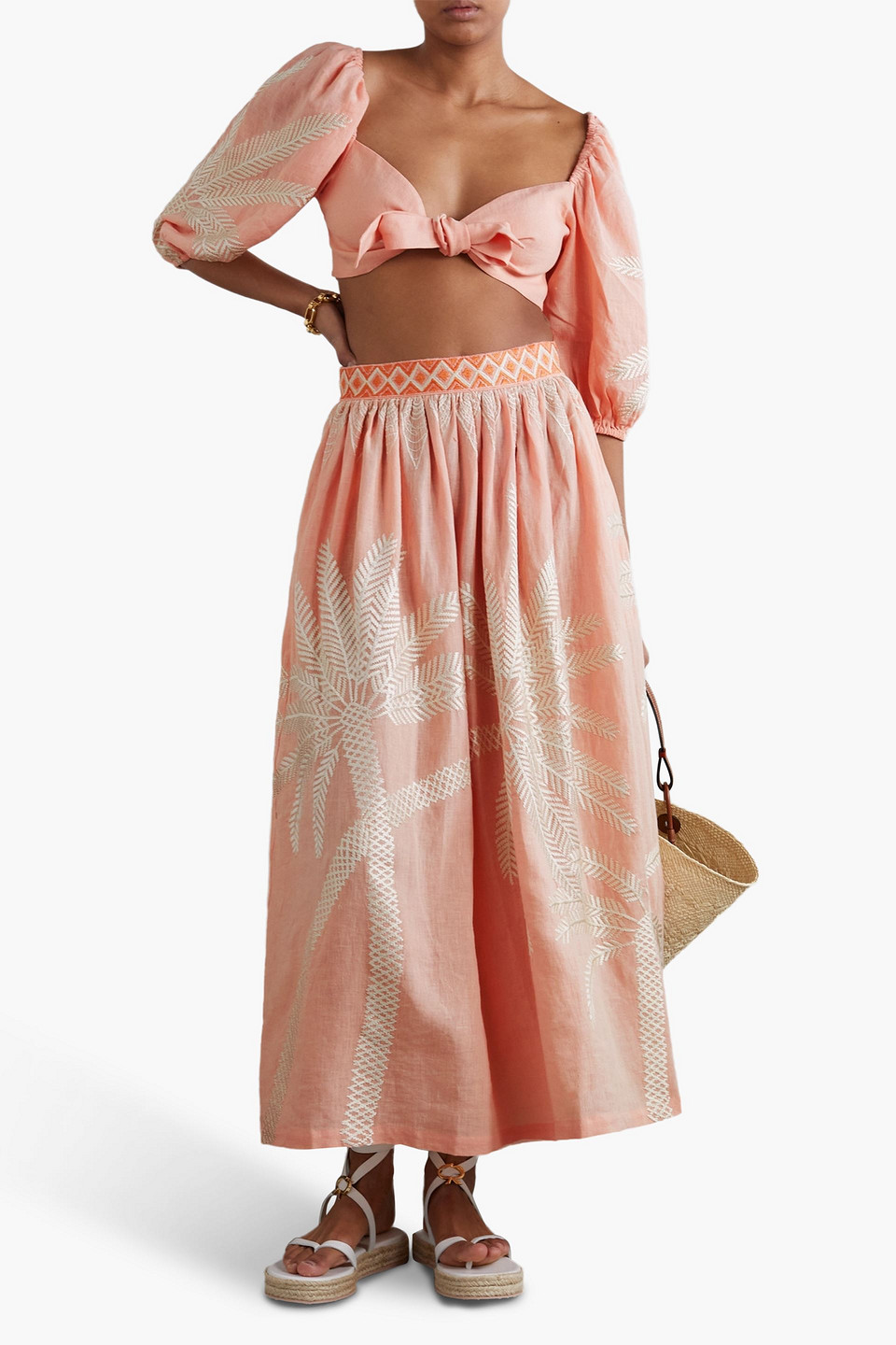 Emporio Sirenuse Thaia Cropped Bow-detailed Embroidered Linen Top In Pastel Orange