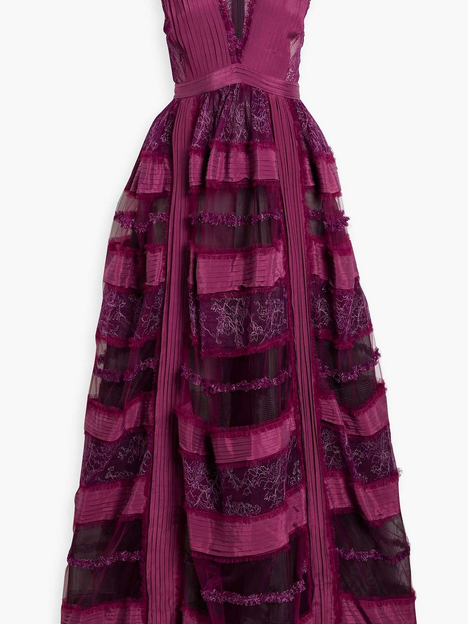 pintucked crepe de chine-paneled corded lace gown