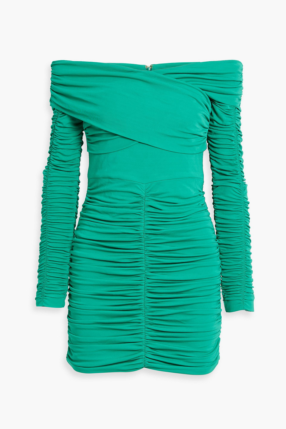 Shop Rebecca Vallance Edie Off-the-shoulder Ruched Jersey Mini Dress In Jade