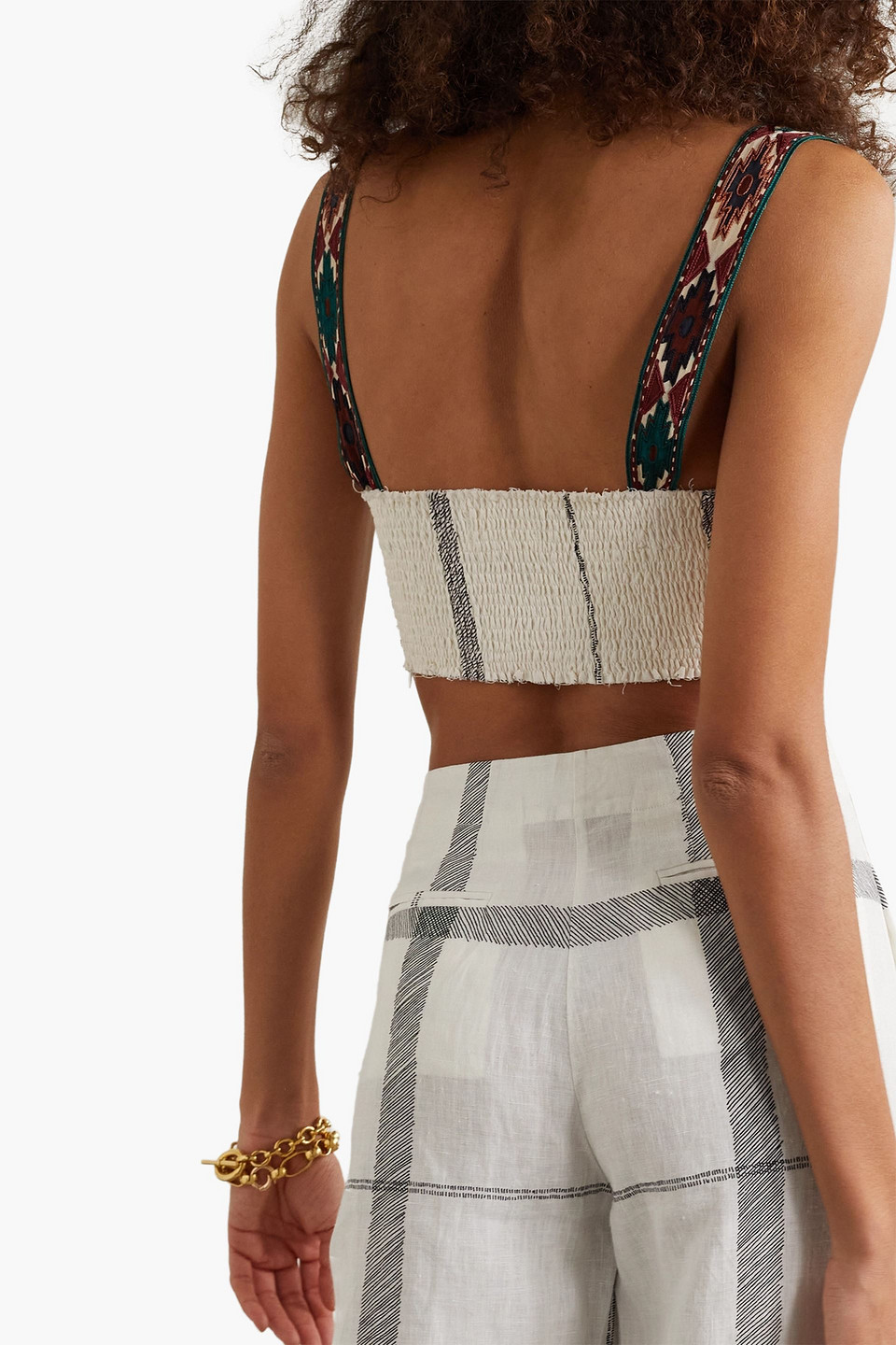 Emporio Sirenuse Dalia Cropped Shirred Linen Top In Ecru