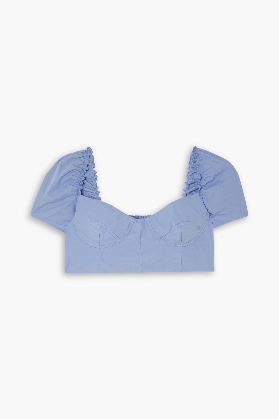 Emporio Sirenuse Kalitha Cropped Shirred Ruffled Cotton-poplin Top In Light Blue