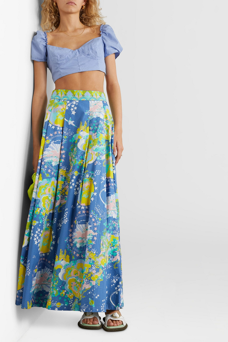 Emporio Sirenuse Kalitha Cropped Shirred Ruffled Cotton-poplin Top In Light Blue