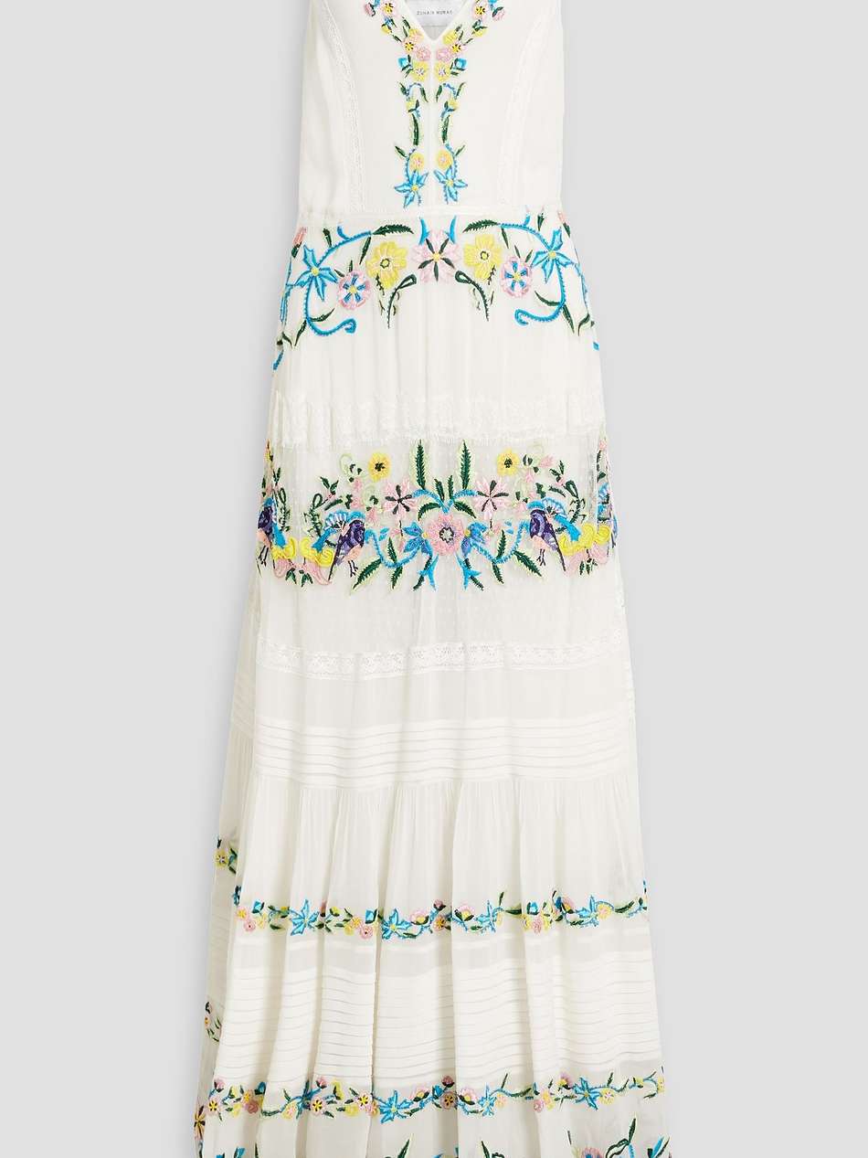 corded lace-paneled embroidered chiffon maxi dress