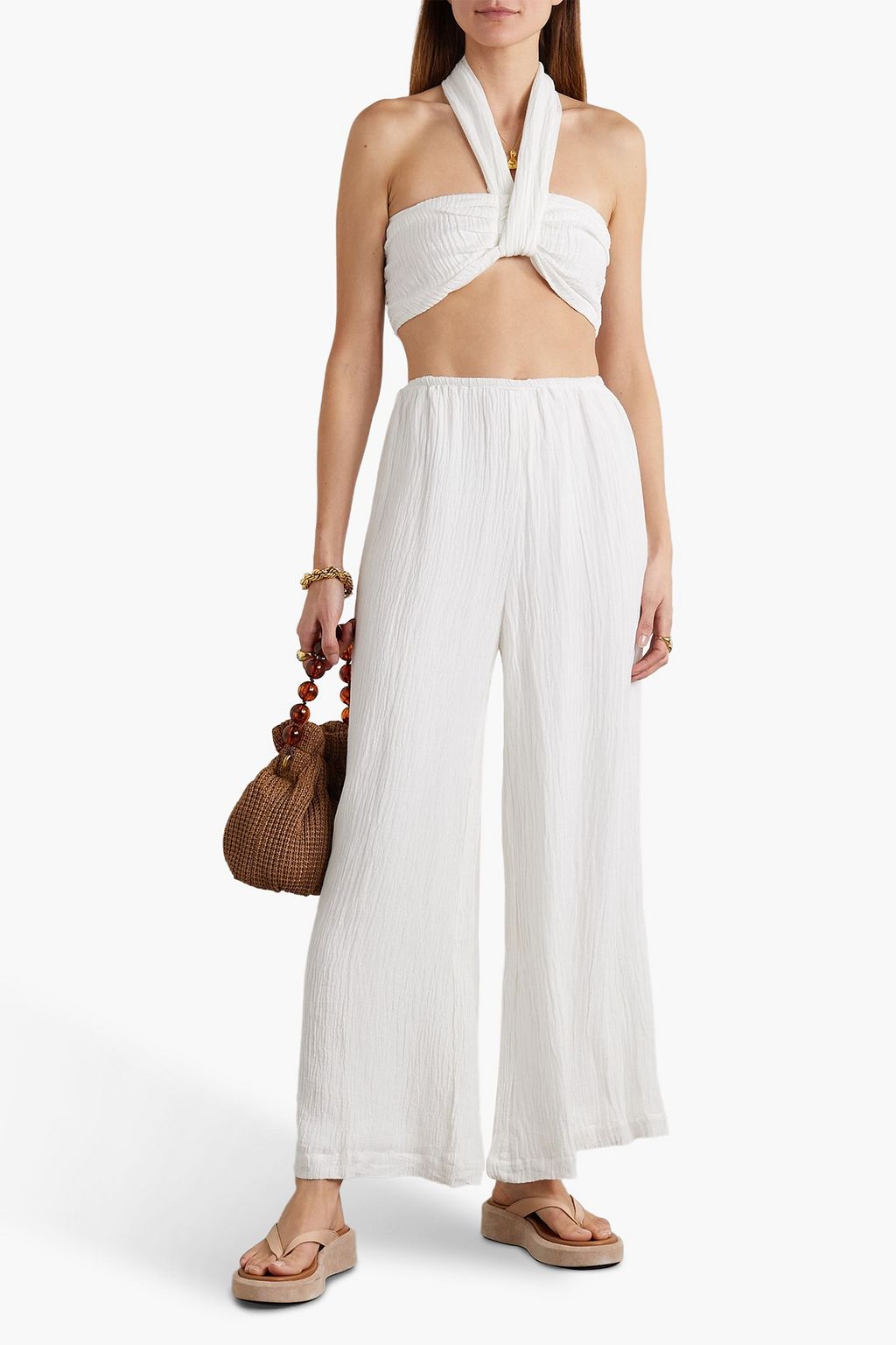 FAITHFULL Glenda cropped linen-blend gauze halterneck top