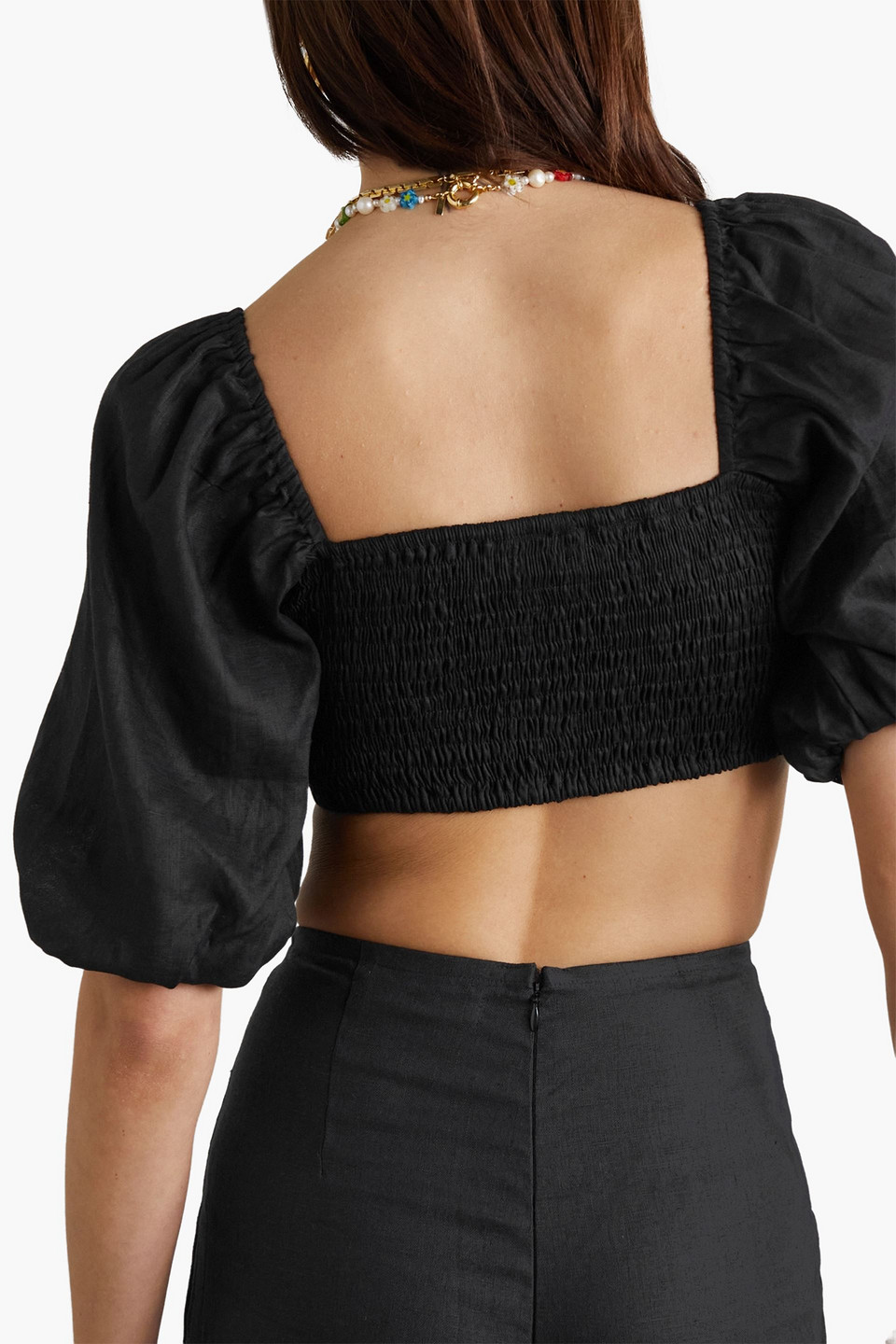 Shop Faithfull The Brand La Marches Cropped Shirred Linen Top In Black