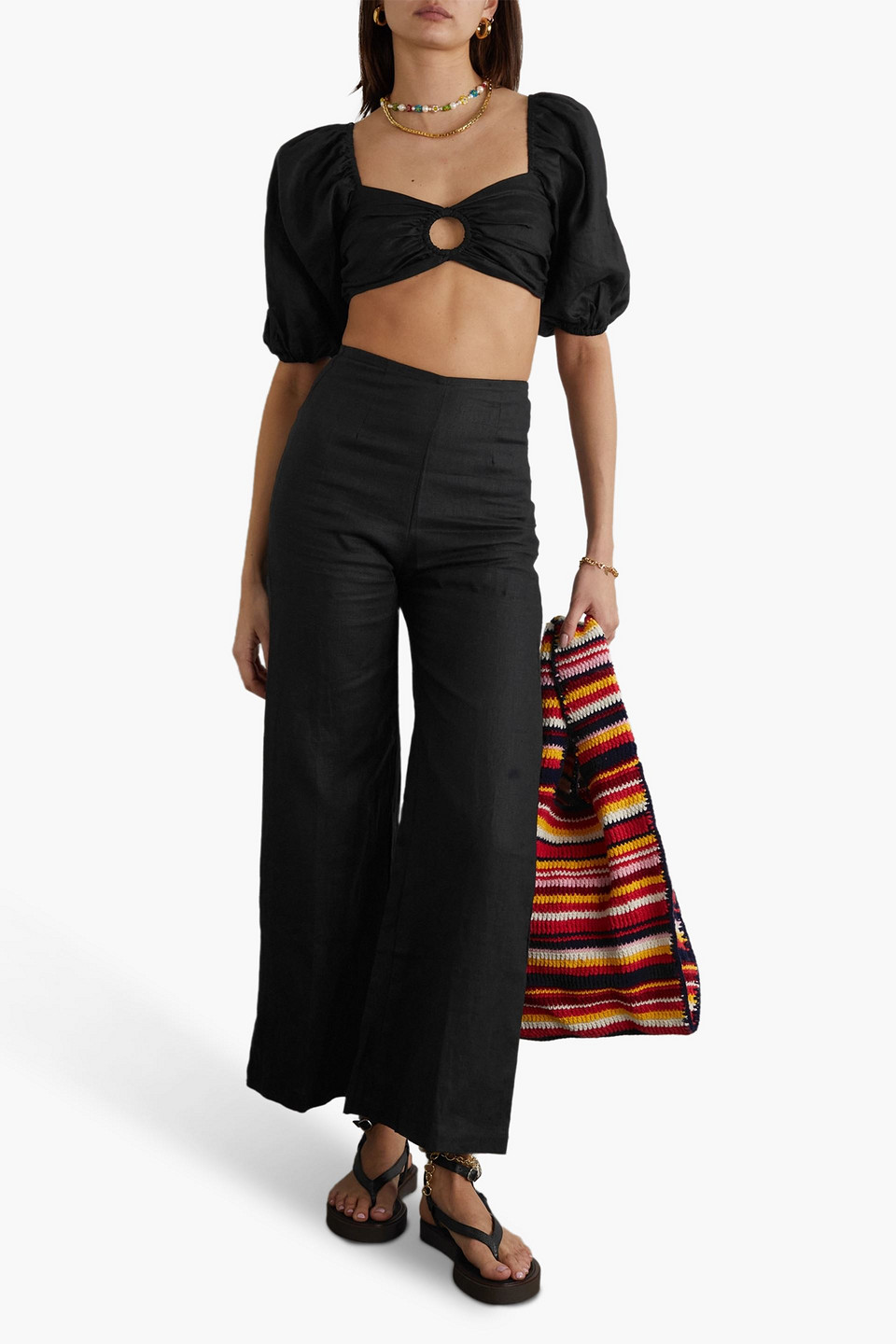 Shop Faithfull The Brand La Marches Cropped Shirred Linen Top In Black