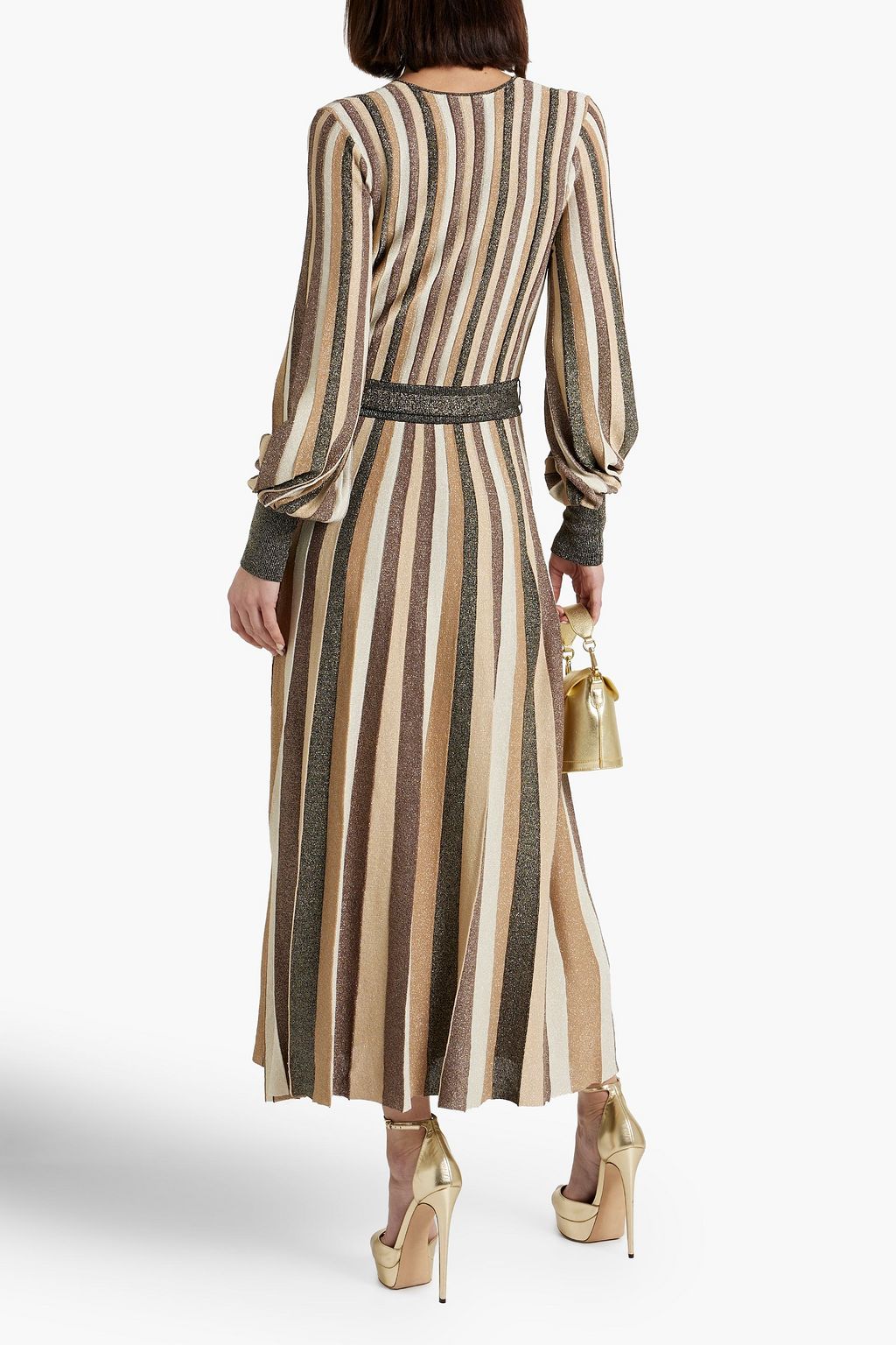 REBECCA VALLANCE 랩 스타일 메탈릭 스트라이프 스트레치 니트 미디 드레스