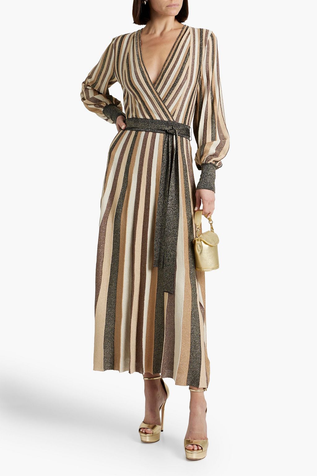 REBECCA VALLANCE 랩 스타일 메탈릭 스트라이프 스트레치 니트 미디 드레스