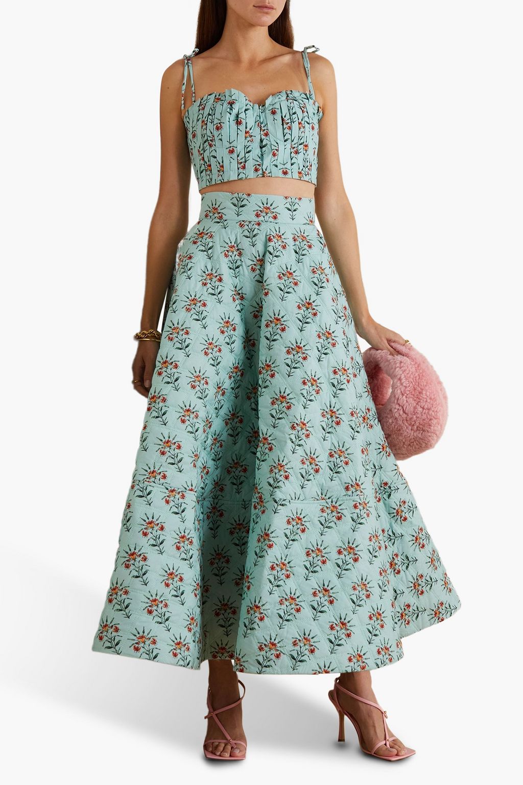 AGUA BY AGUA BENDITA Moringa Monarca cropped pleated floral-print cotton-poplin top