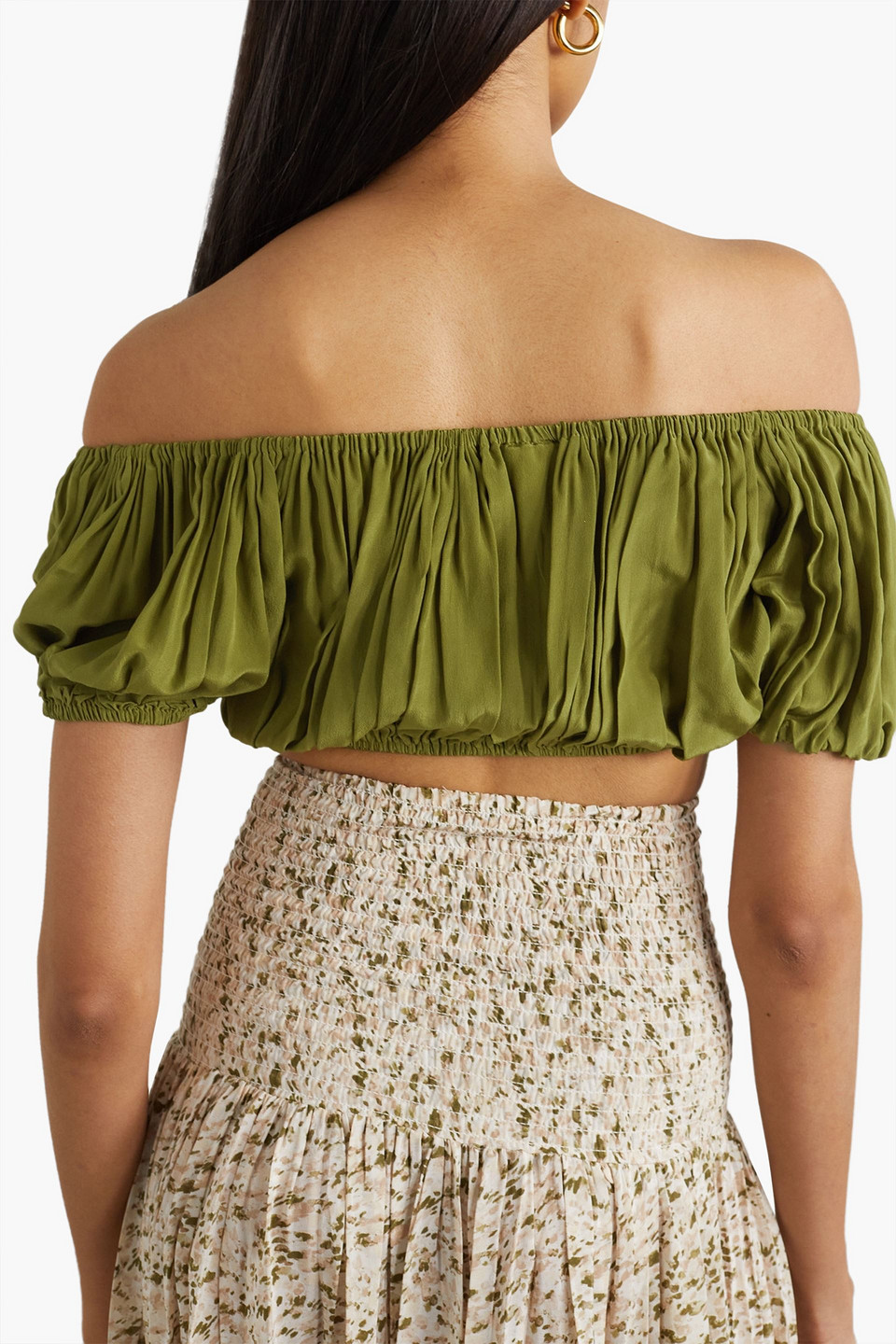 Shop Evarae Gretta Off-the-shoulder Cropped Silk Crepe De Chine Top In Army Green