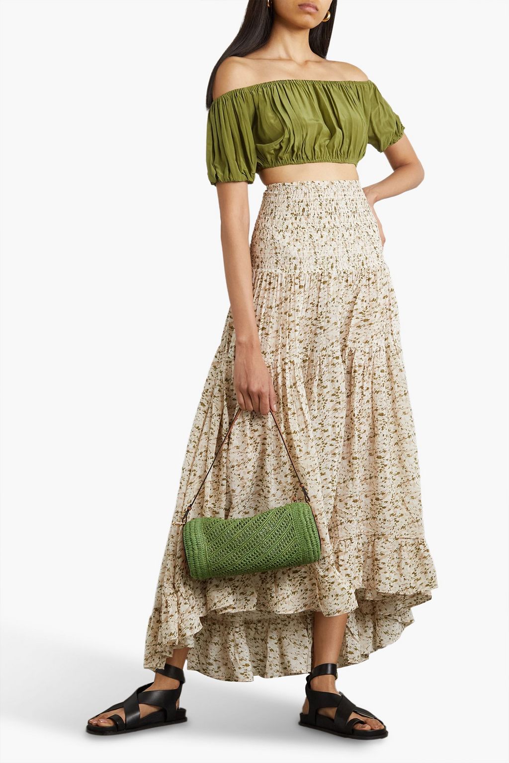 EVARAE Gretta off-the-shoulder cropped silk crepe de chine top