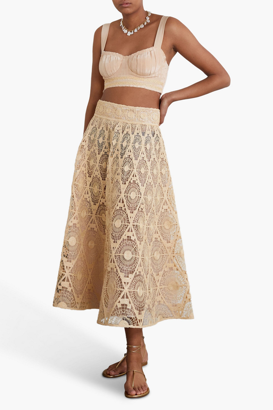 Shop Emporio Sirenuse Dalia Cropped Raffia-trimmed Silk Crepe De Chine Top In Sand