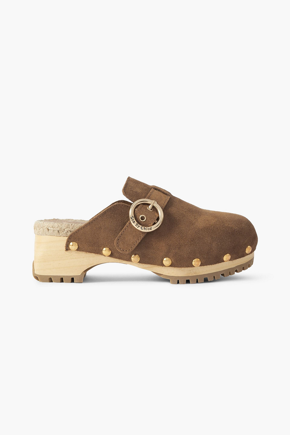 SEE BY CHLOÉ VIVIANE STUDDED BUCKLED SUEDE CLOGS