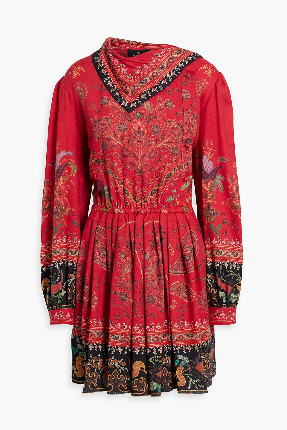 Etro Gathered Paisley-print Wool And Silk-blend Mini Dress In Red