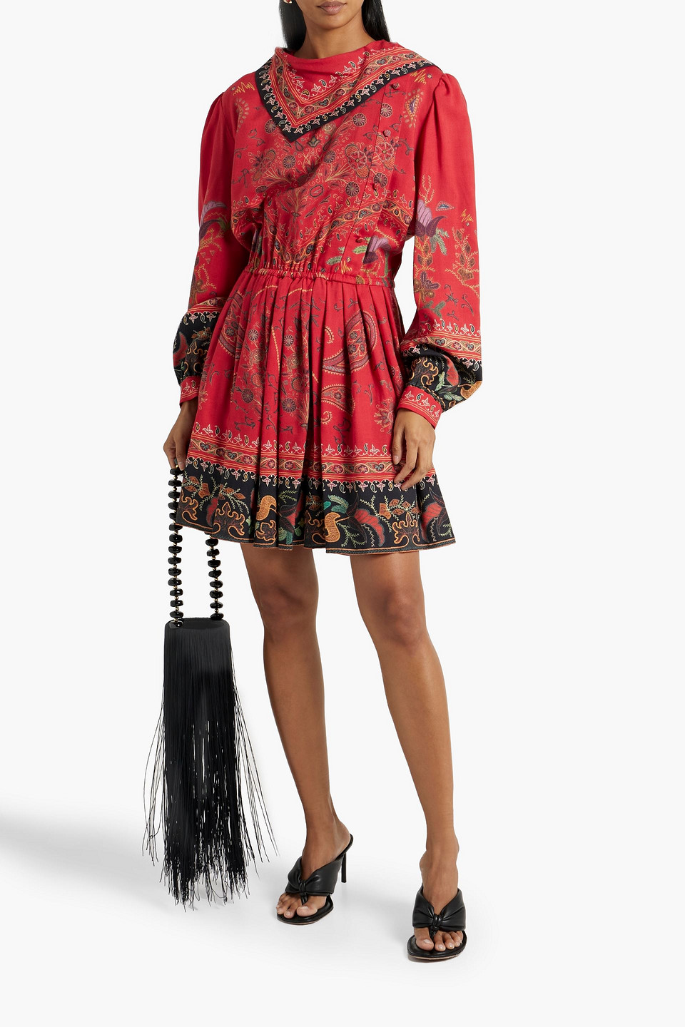 Shop Etro Gathered Paisley-print Wool And Silk-blend Mini Dress In Red