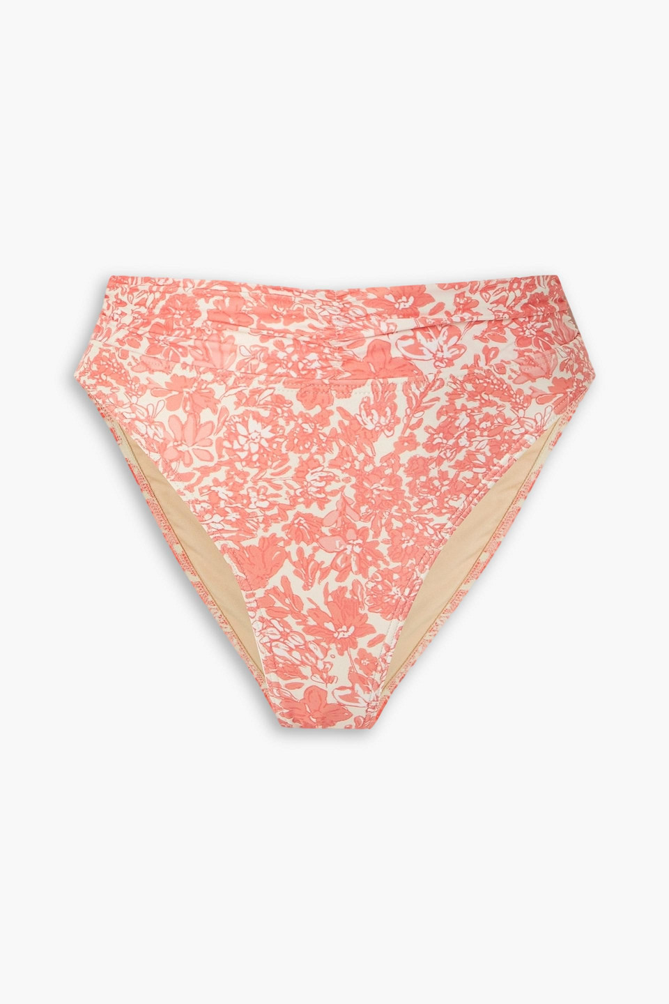 Peony Ruched Floral-print High-rise Bikini Briefs In Coral