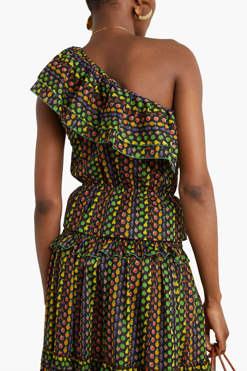 Loretta Caponi Livia One-shoulder Ruffled Printed Cotton-voile Top In Green