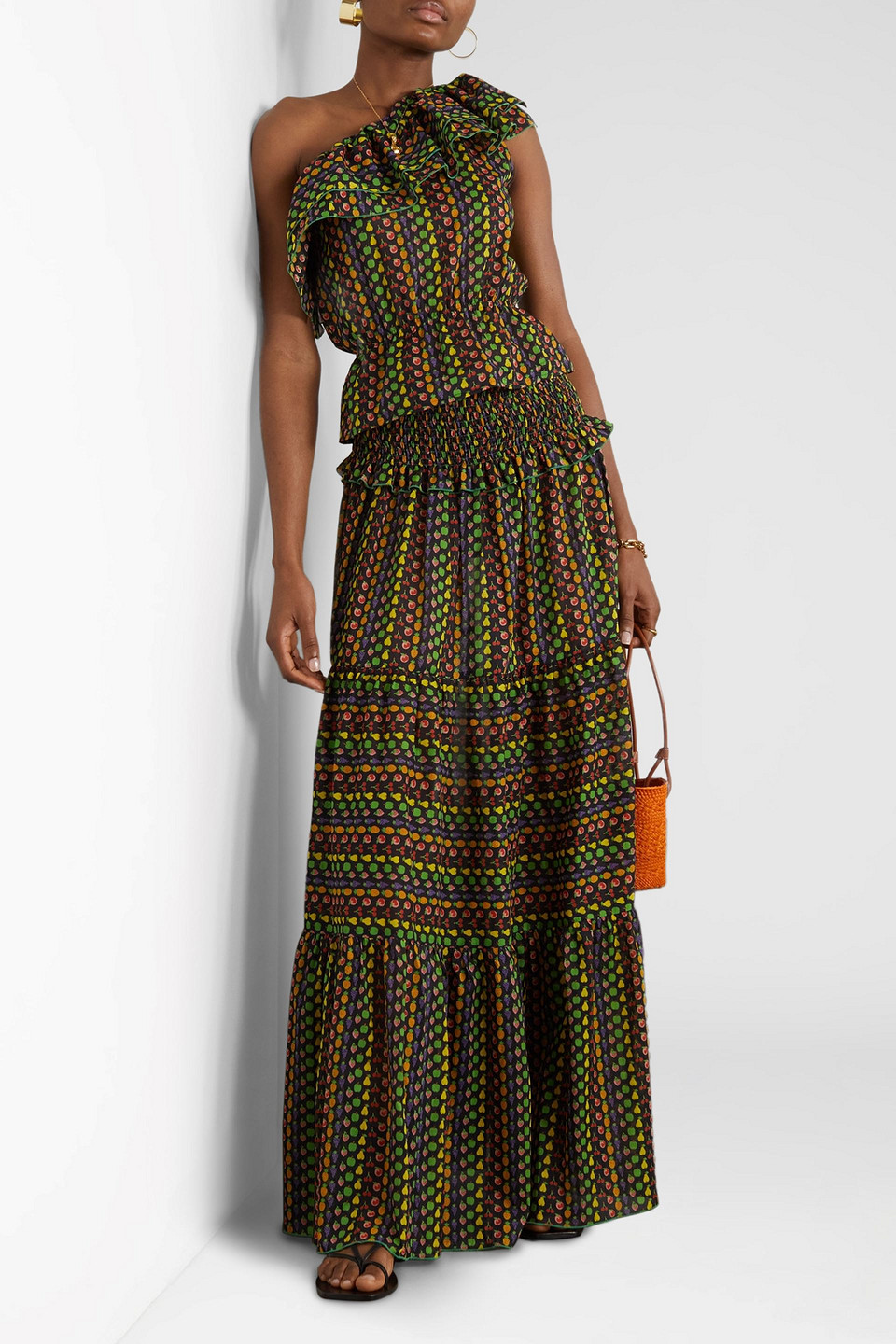 Loretta Caponi Livia One-shoulder Ruffled Printed Cotton-voile Top In Green