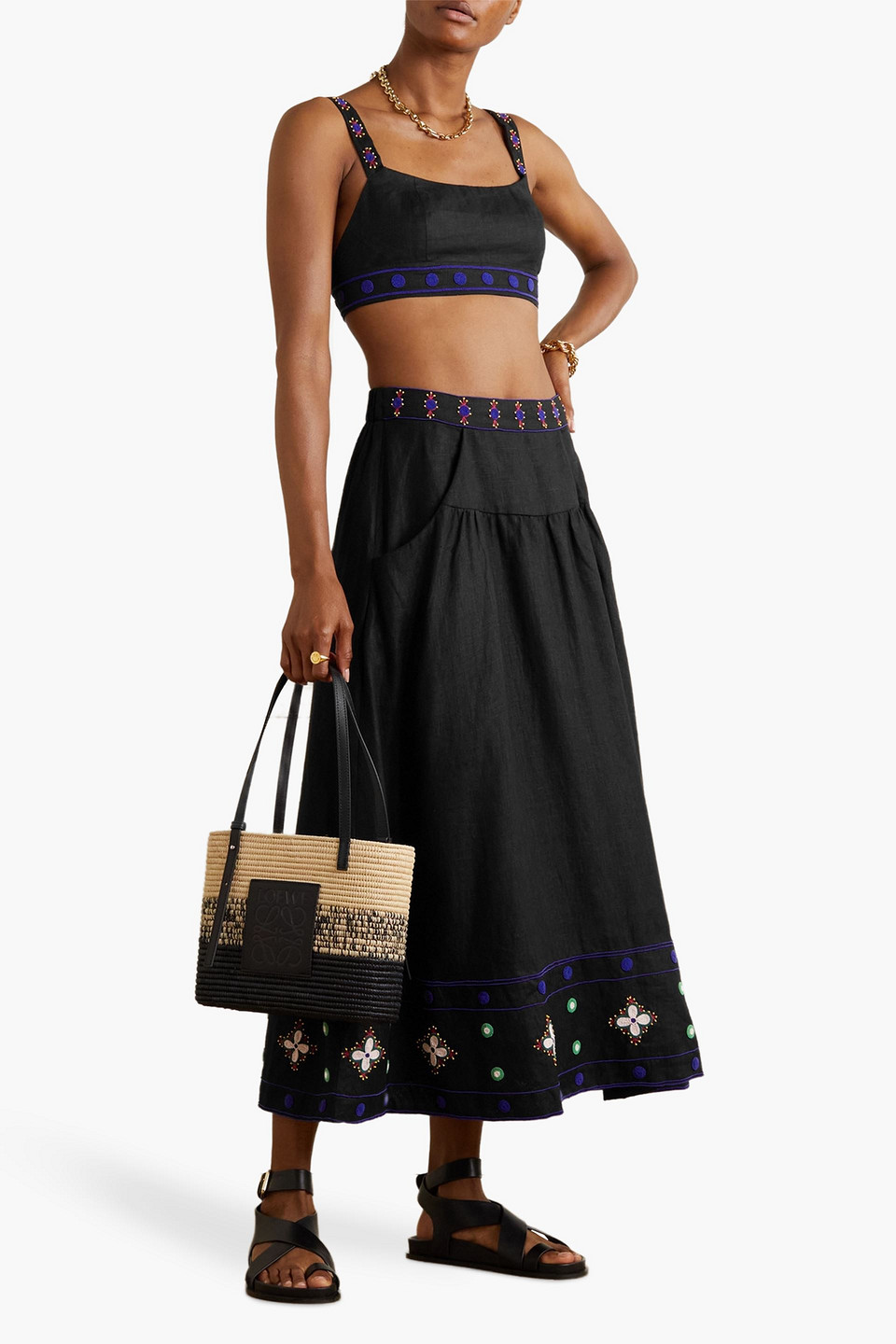 Shop Saloni Lilah Choli Bead-embellished Linen Bra Top In Black