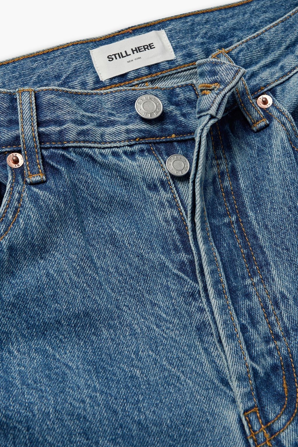 STILL HERE Kennedy Childhood patchwork high-rise straight-leg jeans