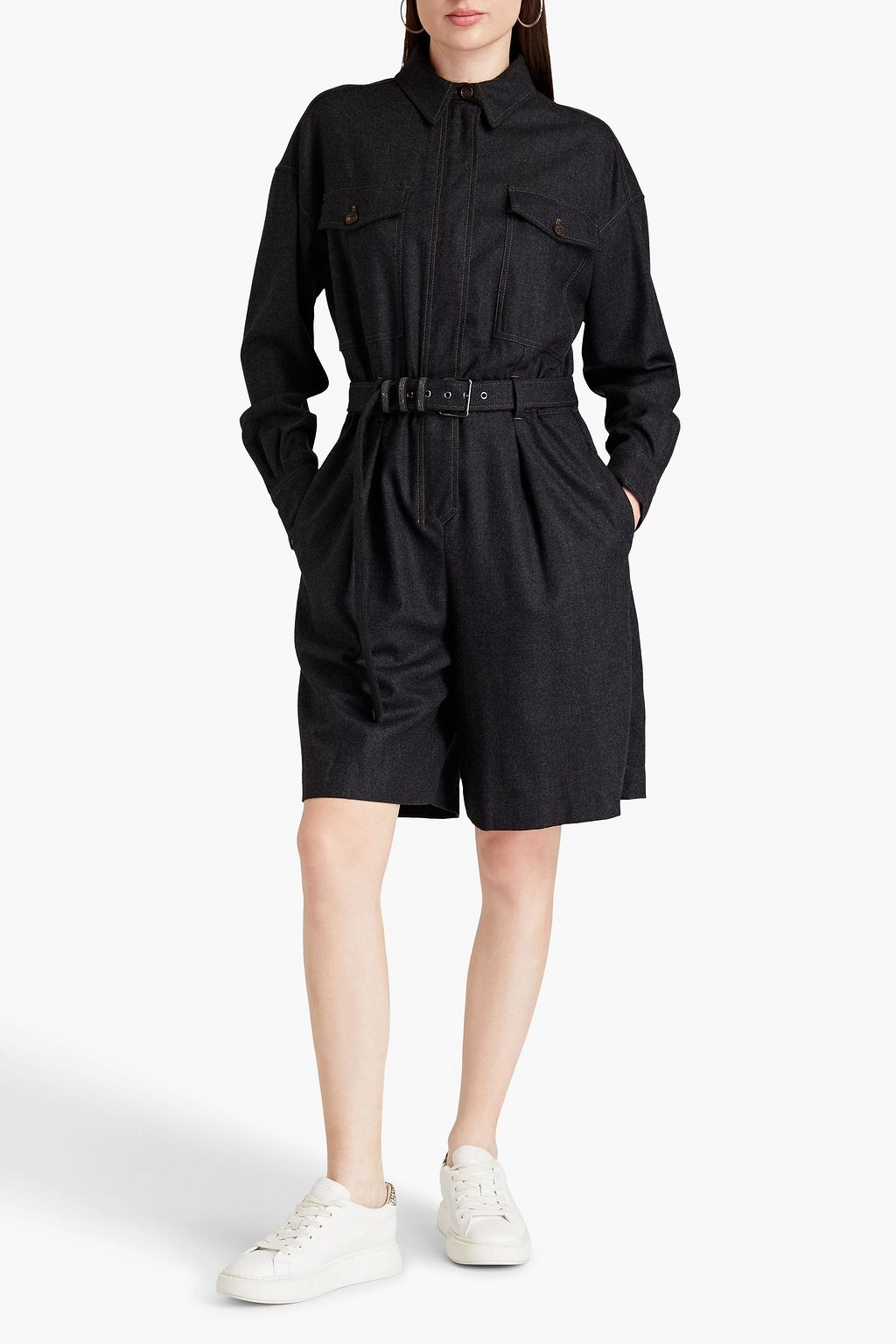BRUNELLO CUCINELLI Belted bead-embellished wool-blend playsuit