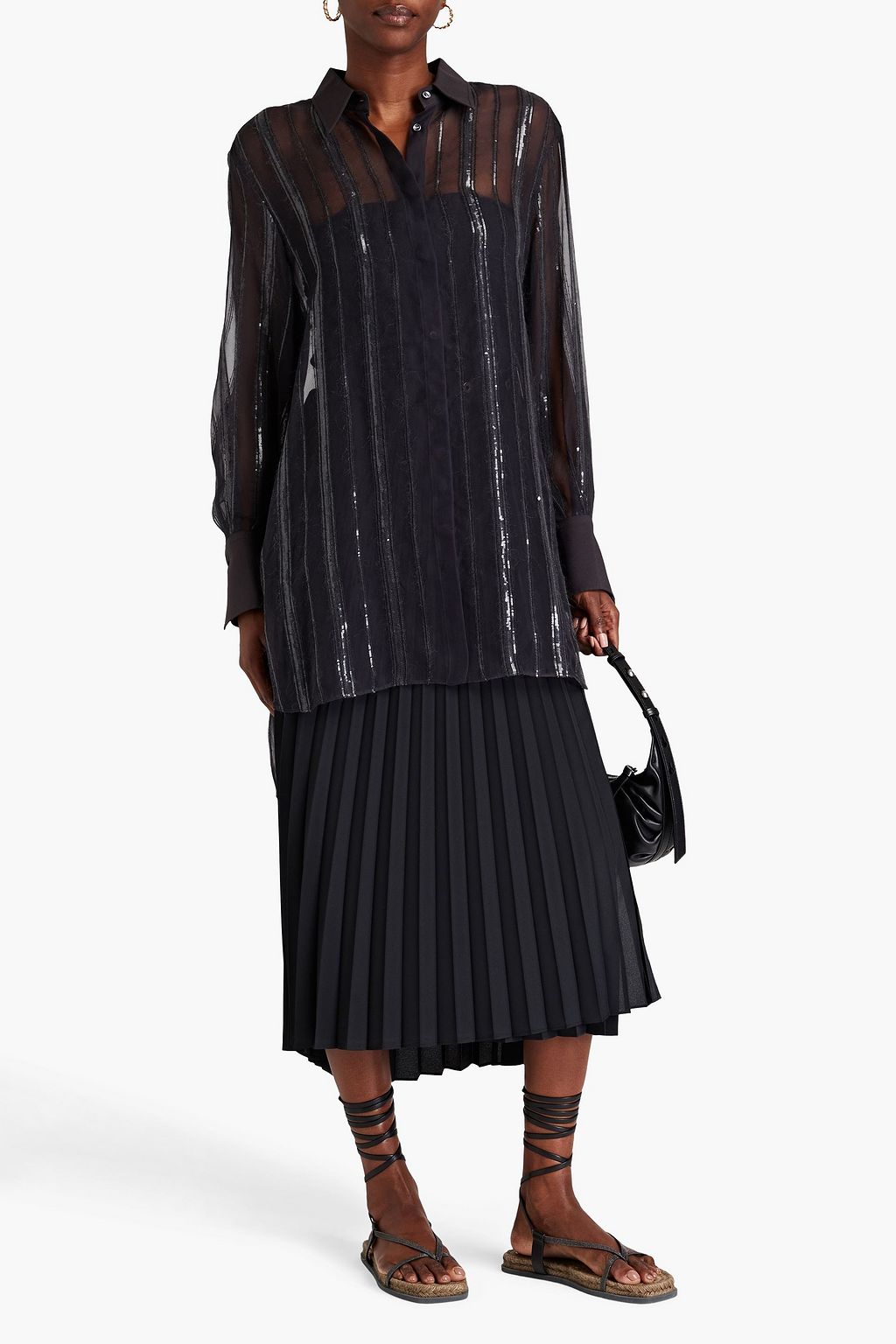 BRUNELLO CUCINELLI Gestreiftes Hemd aus Seidenorganza mit Pailletten