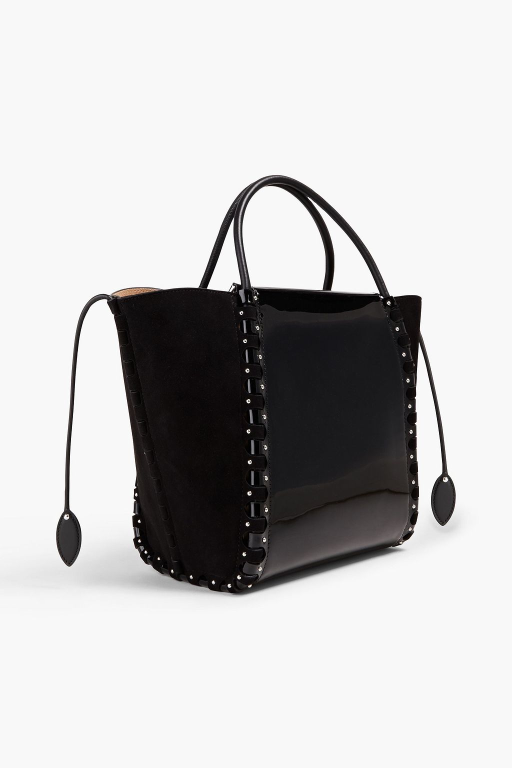 ALAÏA Le Hinge small studded patent-leather and suede tote
