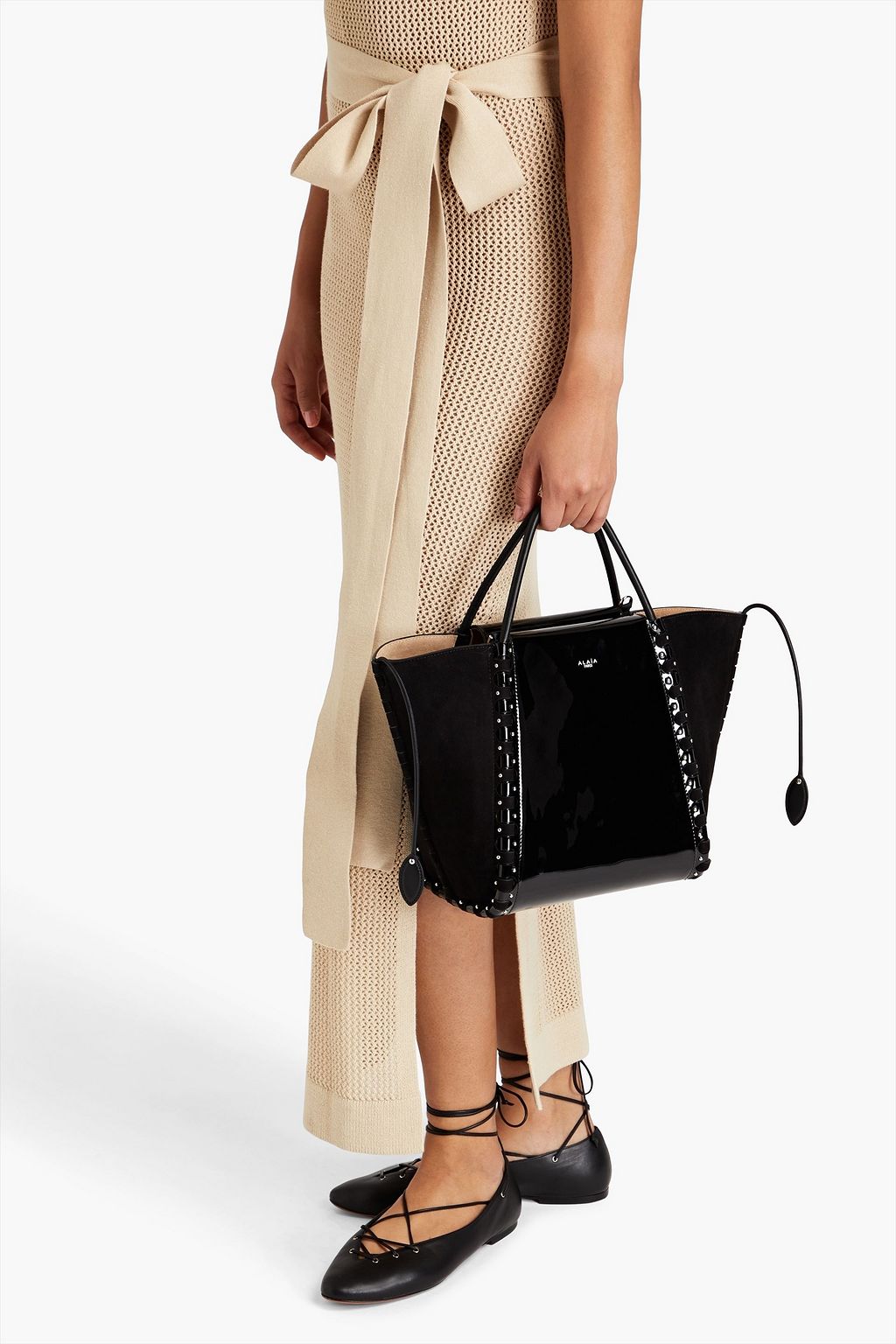 ALAÏA Le Hinge small studded patent-leather and suede tote
