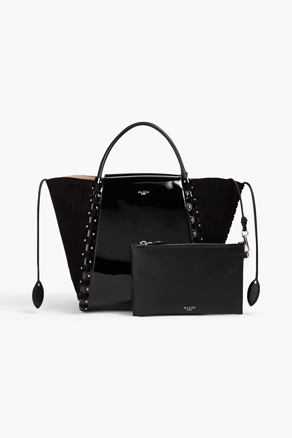 ALAÏA Le Hinge small studded patent-leather and suede tote