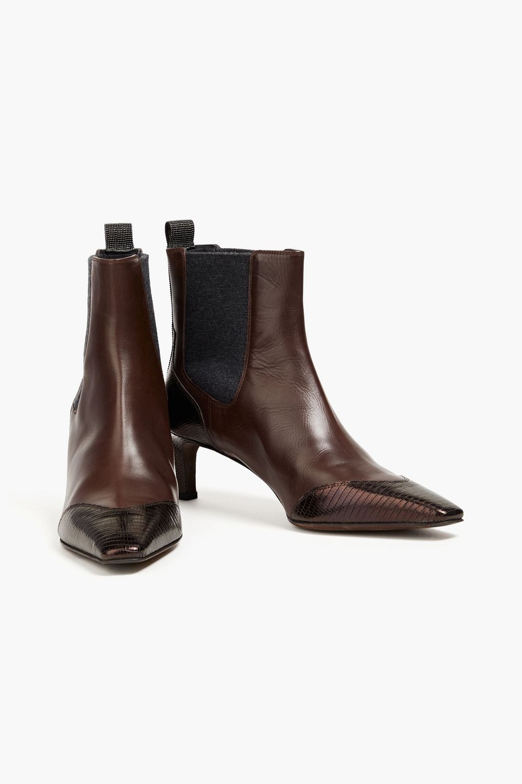 BRUNELLO CUCINELLI Embellished smooth and lizard-effect leather ankle boots