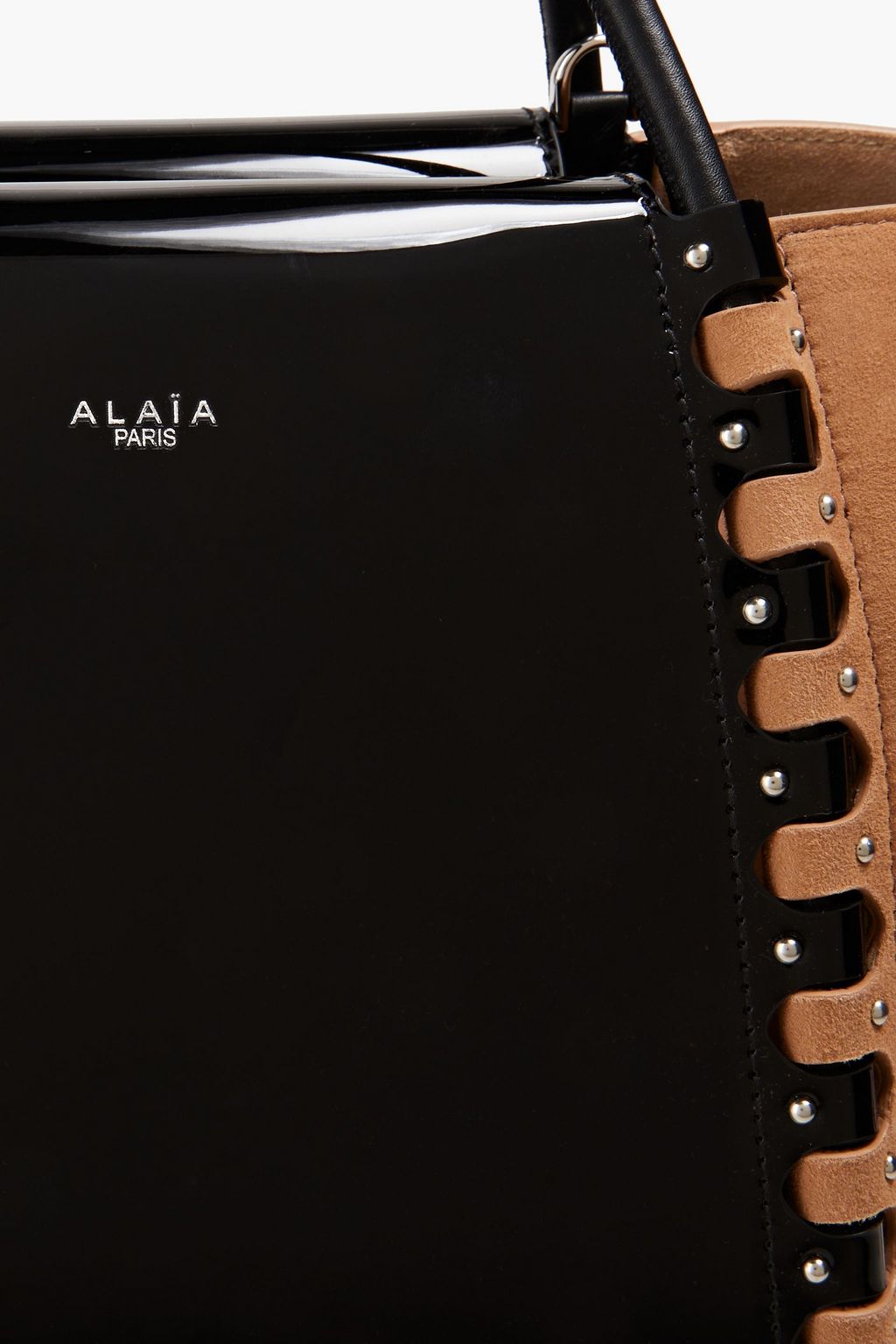 ALAÏA Le Hinge small studded patent-leather and suede tote