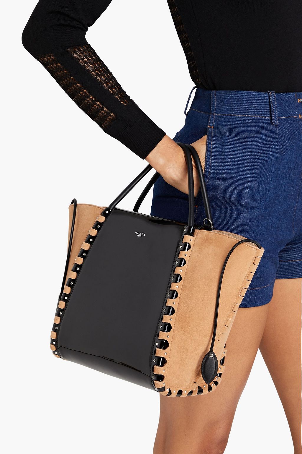 ALAÏA Le Hinge small studded patent-leather and suede tote