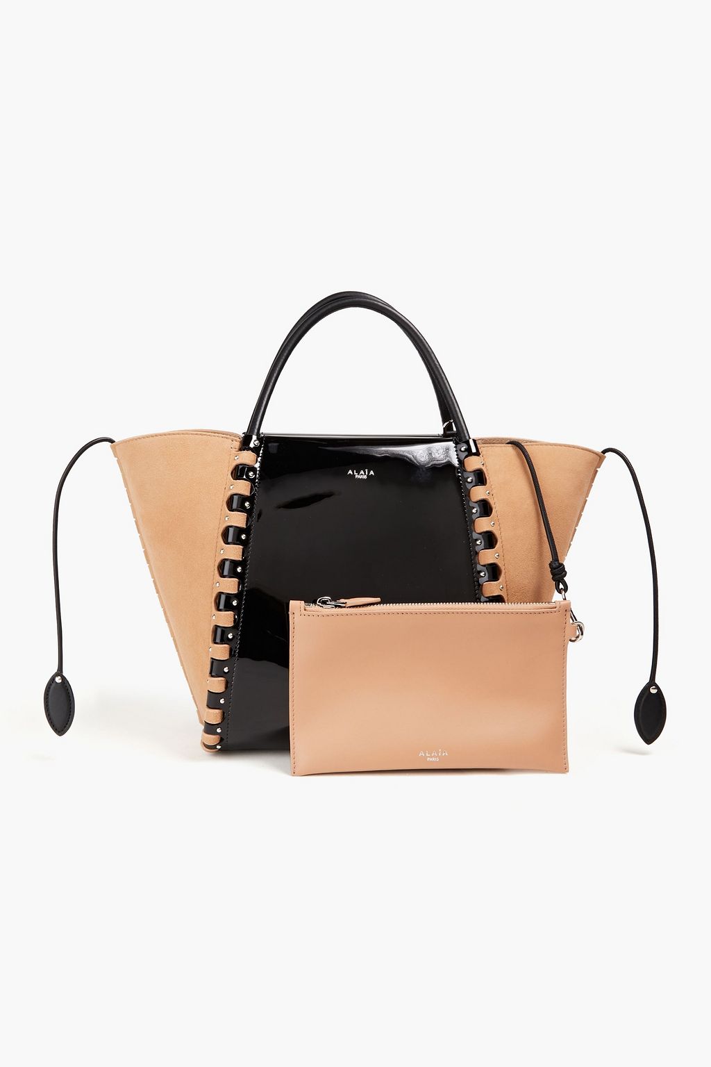 ALAÏA Le Hinge small studded patent-leather and suede tote