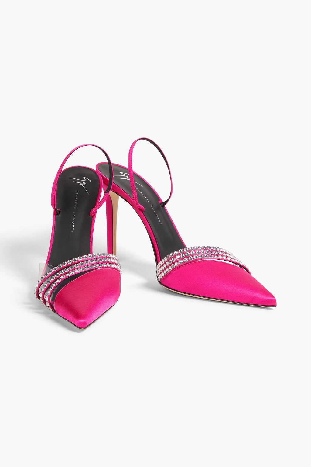 GIUSEPPE ZANOTTI حذاء بامب 'أودرين' بحزام خلفي من الساتان بحواف من مادة PVC مزين بالكريستال