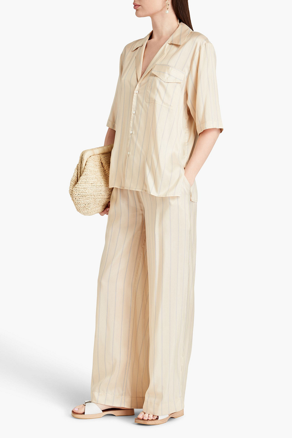 Shop Le Kasha Nadine Harper Striped Silk Wide-leg Pants In Cream