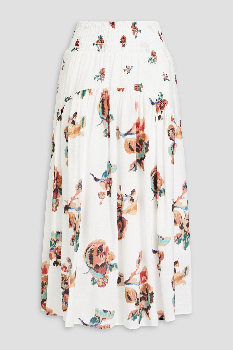 . Shirred floral-print gauze midi skirt