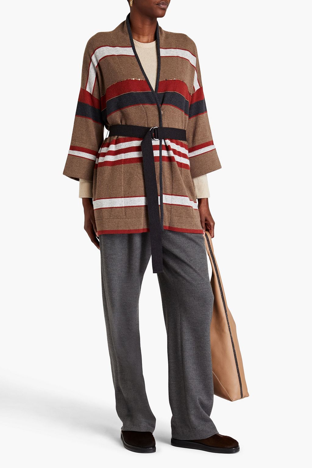 BRUNELLO CUCINELLI カシミヤ カーディガン ビーズ付き ストライプ