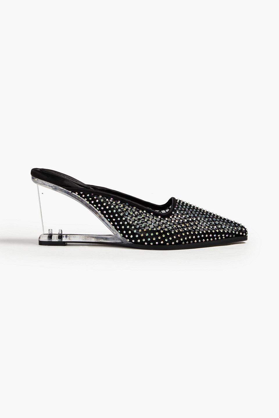 Crystal-embellished mesh wedge mules