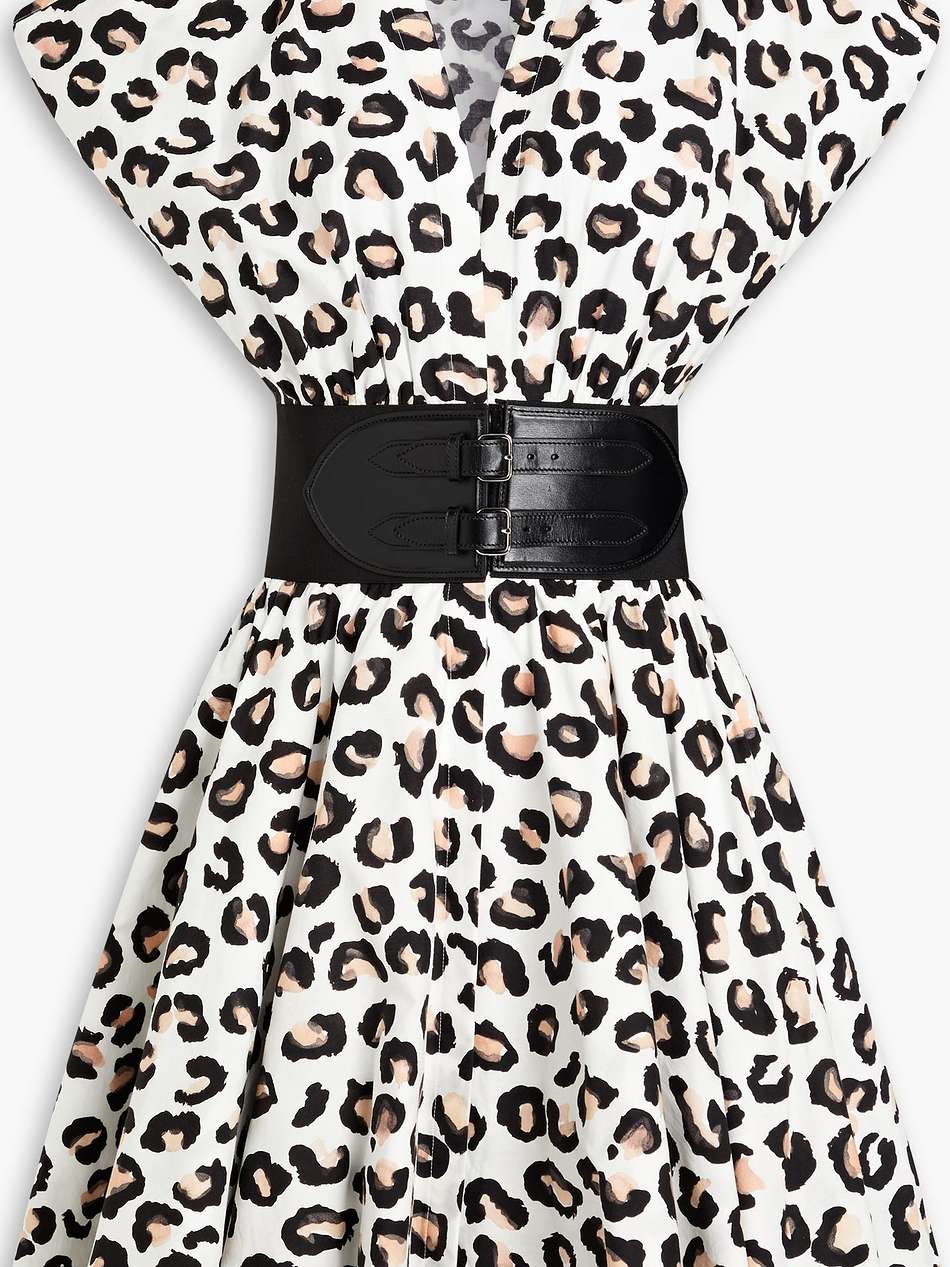 editions belted leather-trimmed leopard-print cotton-poplin mini dress