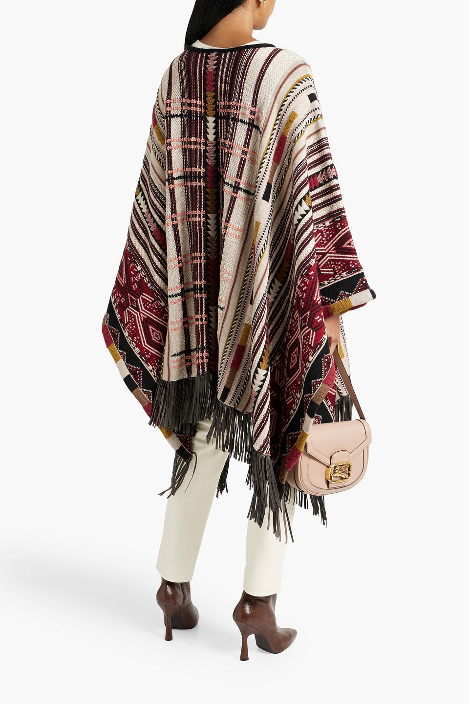 Shop Etro Fringed Jacquard-knit Wool-blend Poncho In Claret