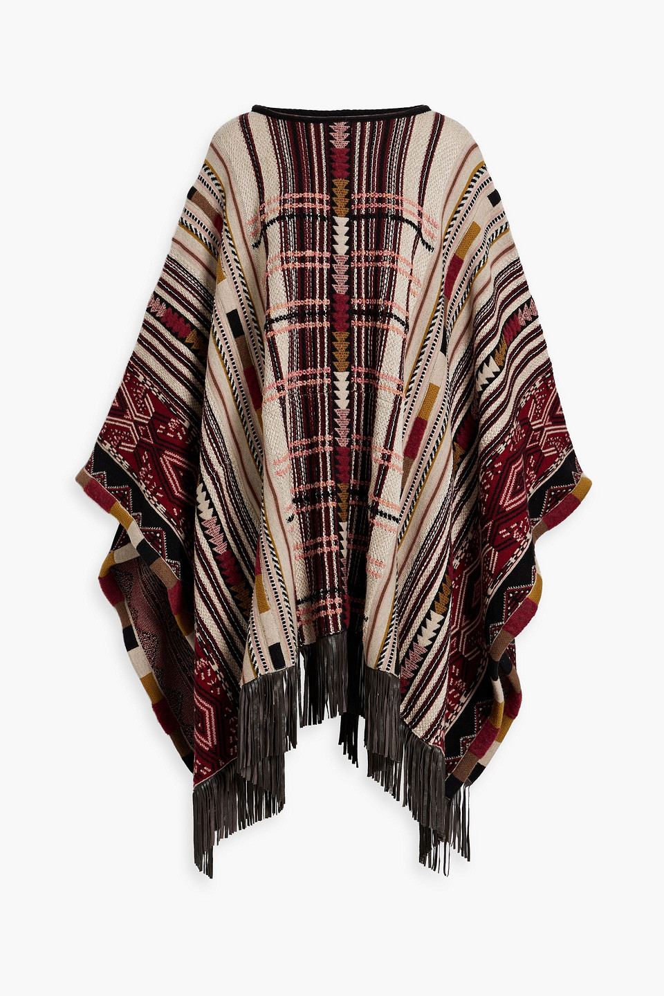 Etro Fringed Jacquard-knit Wool-blend Poncho In Claret